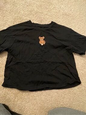 Black Short Sleeve Tee with Brown Teddy Embroidery